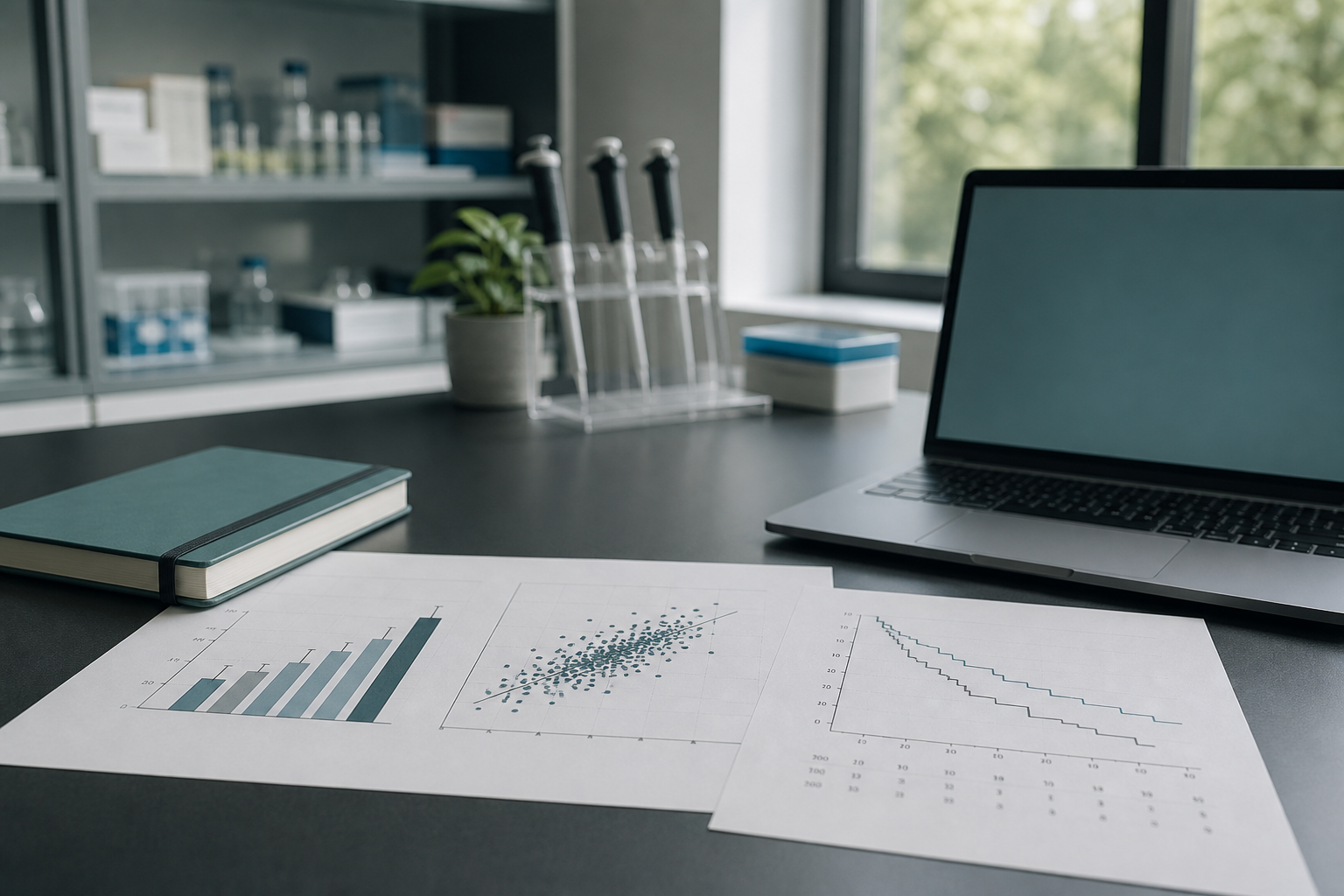 Printed scientific figures and a notebook on a biomedical research desk