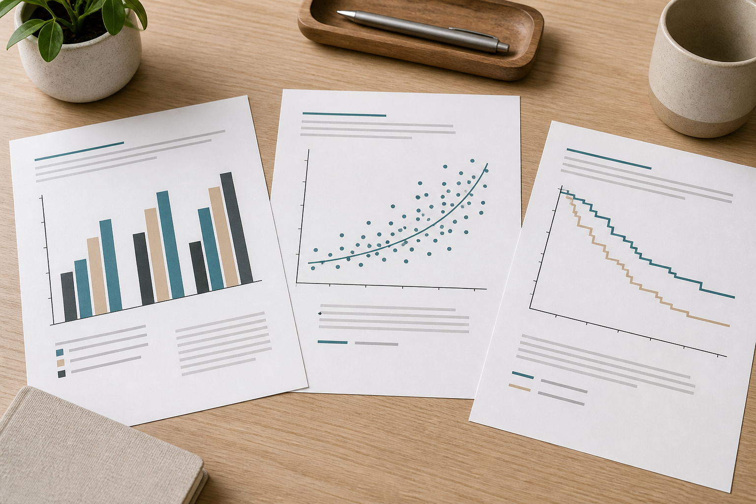Printed comparison sheets with bar, scatter, and survival-style charts