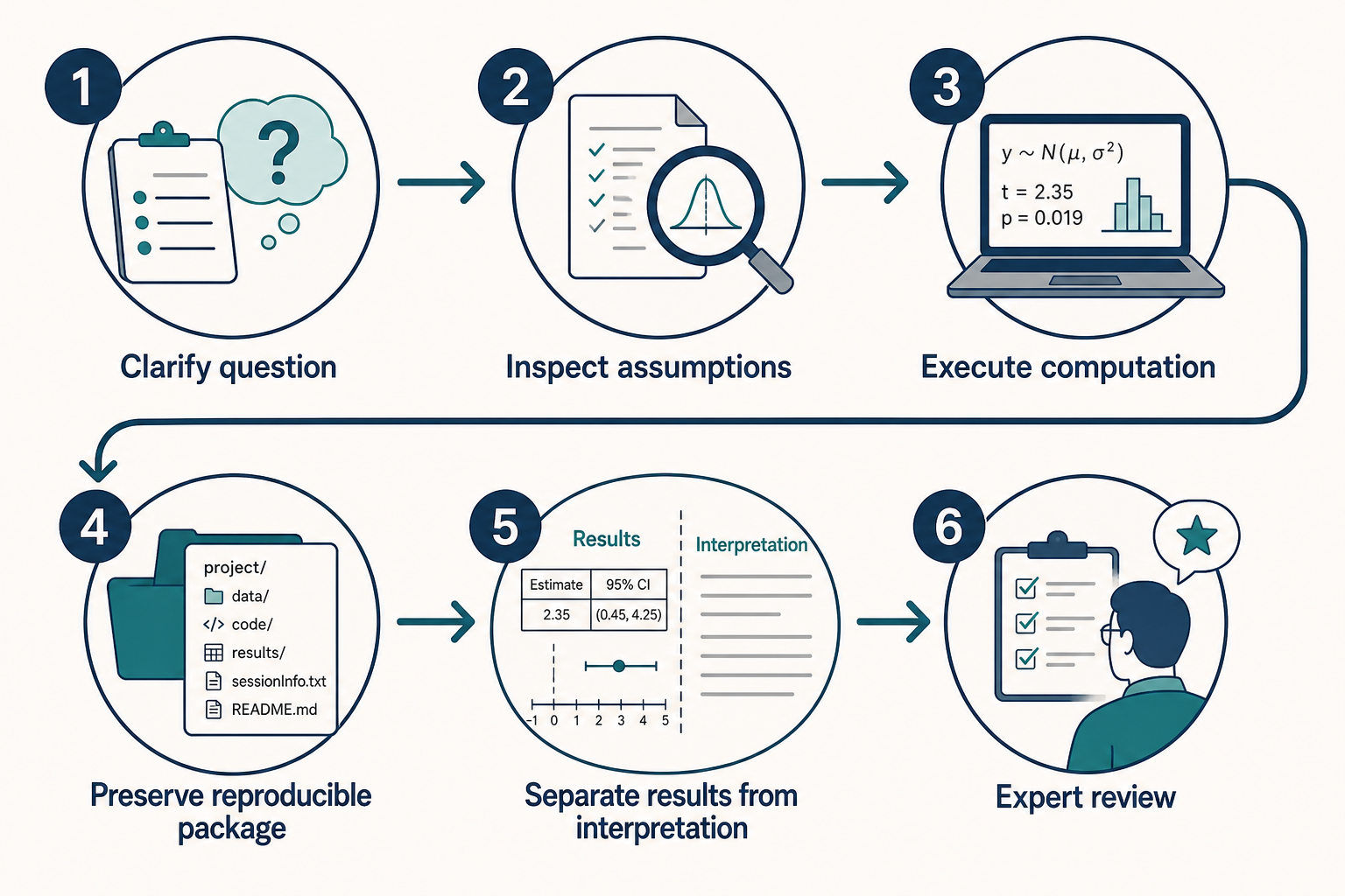 Six-part checklist for evaluating an AI statistics tool: question, assumptions, computation, reproducibility, interpretation, and review